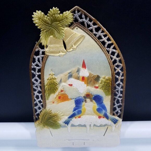 Vintage Merry Christmas Happy New Year German Alps Die Cut Embossed Sign Wall - Picture 7 of 7